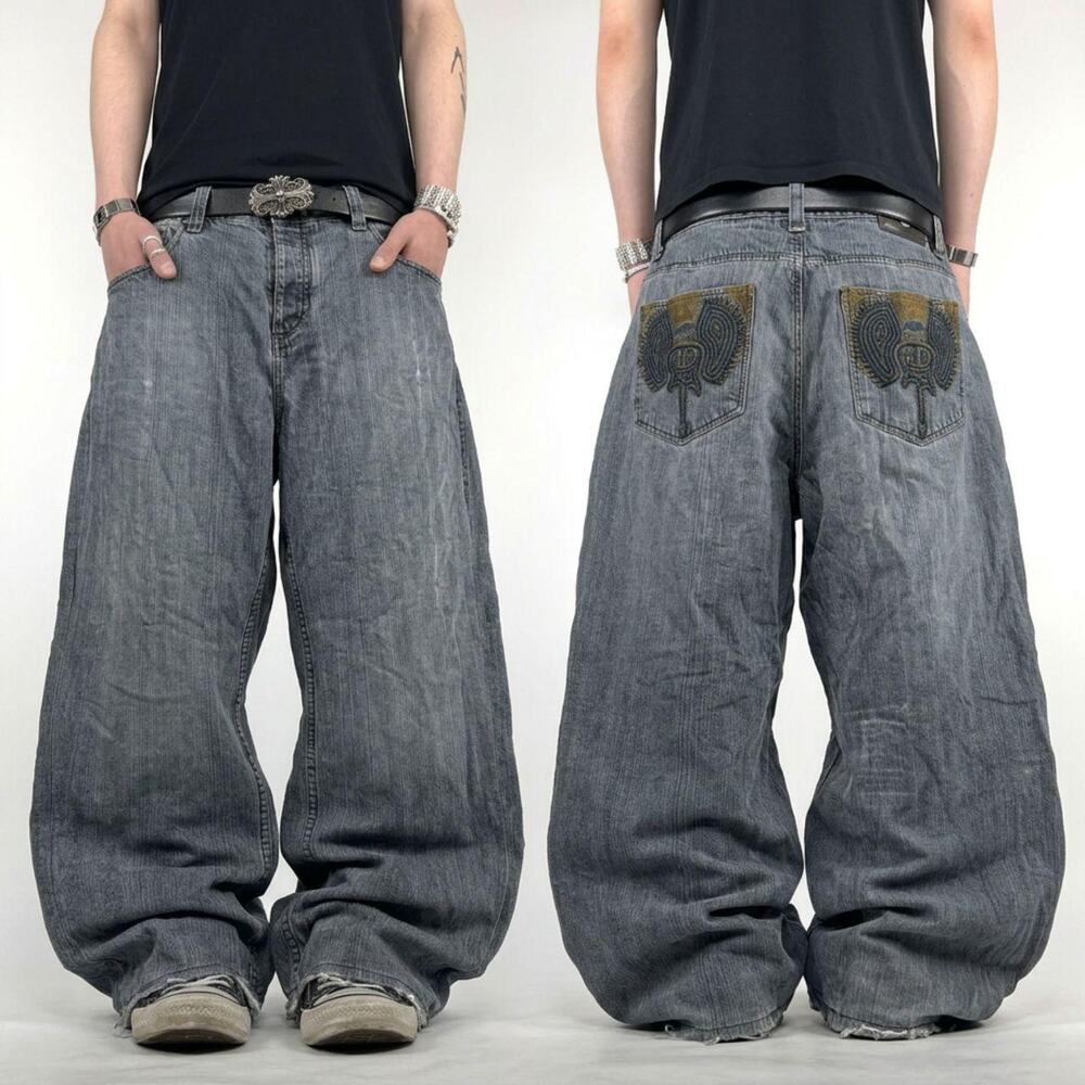 Vintage faded black embroidered y2k baggy wide leg skater grunge jeans